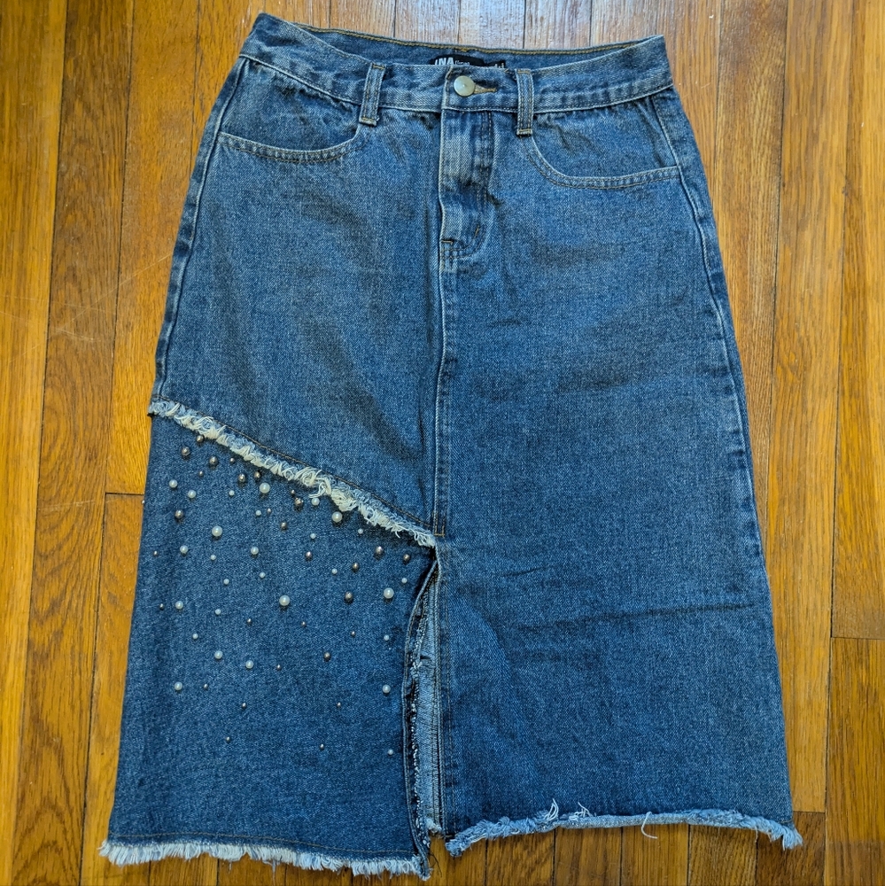 COPY - INA Distressed Denim Midi Skirt with beading